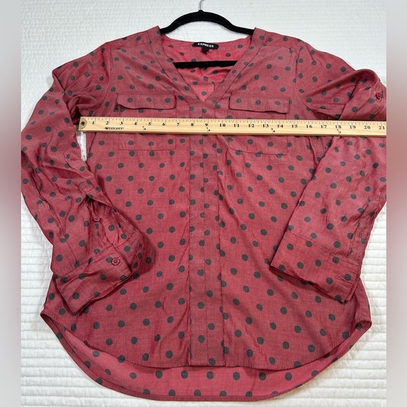 Express Brick Red Sheer Blouse w/ Gray Polka Dots. Buttoned Relaxed Blouse. - Picture 8 of 9